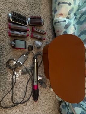 Dyson Airwrap Hair Styling Tool Set in Silver and Pink with Brown Carry Case